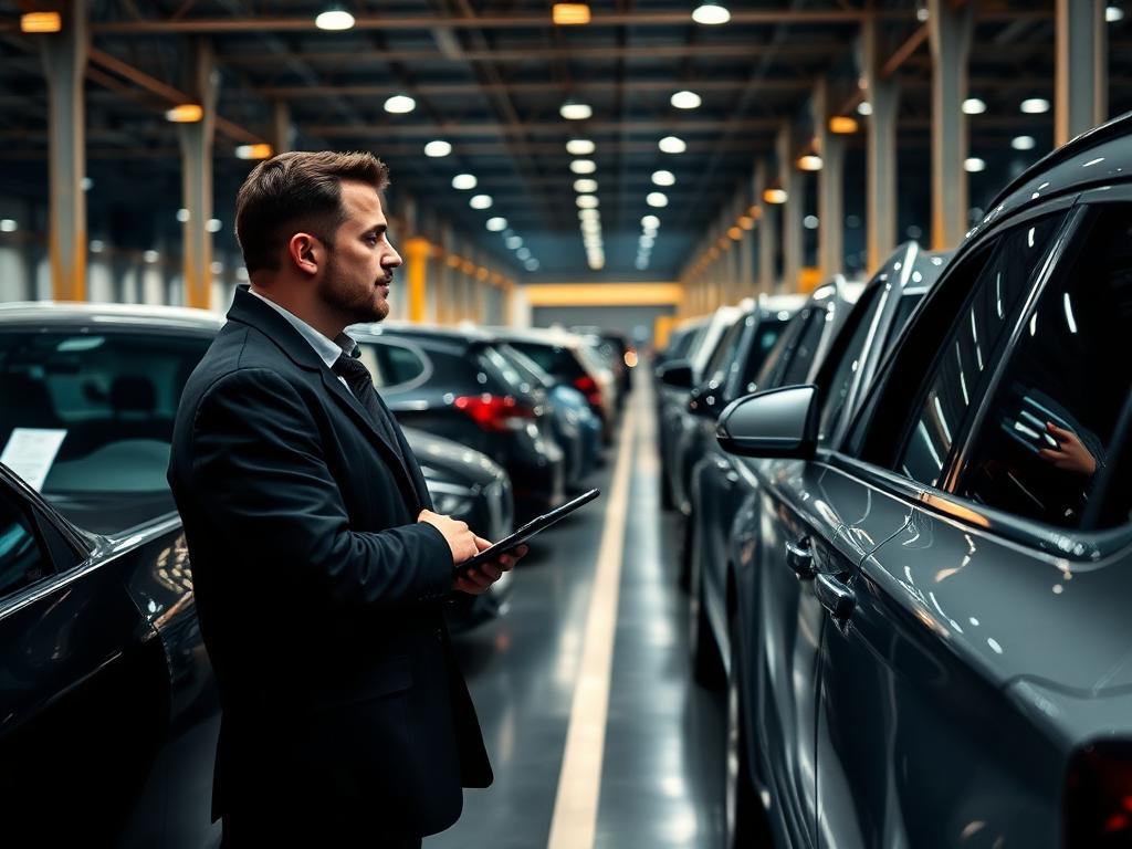 Professionnel de l'automobile inspectant un parc de véhicules