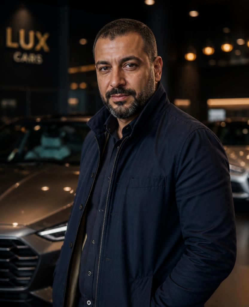 Sofiane, négociant automobile, devant des véhicules dans un showroom
